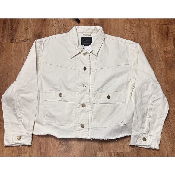 SANCTUARY Women’s Ivory Pocket Frayed Hem Button-down Trucker Flora Jacket Large - Picture 1 of 7